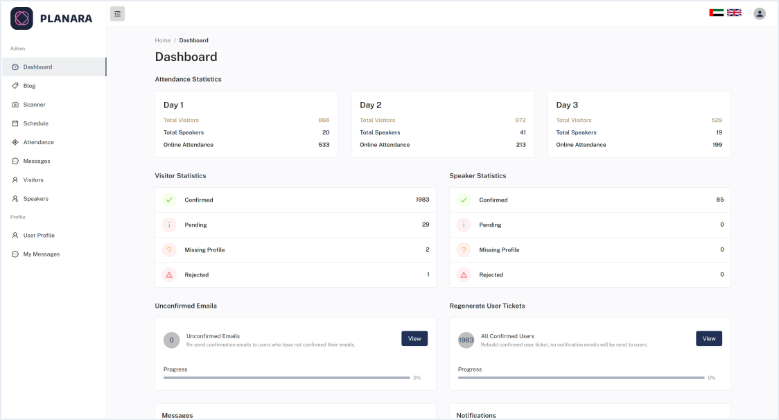 Multi-language event website builder showing a branded conference landing page